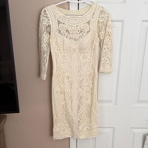 Women's Cream Lace Crochet Sheath Dress Sue Wong